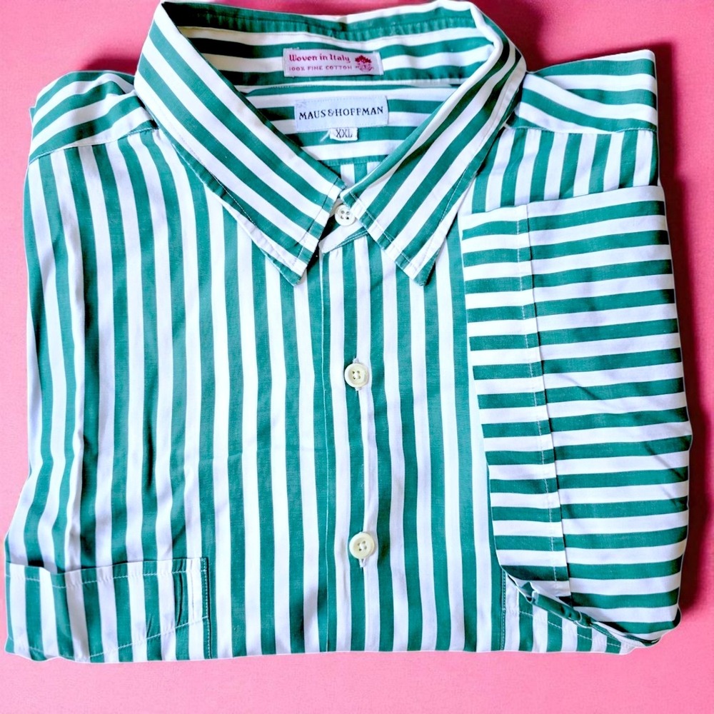Vintage Maus‎ & Hoffman Green White Stripe Short Sleeve Shirt XXL Woven in Italy